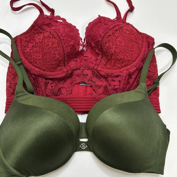 Lot Of 2 Victorias Secret Bras 32B Red Very Sexy Lace Bralette & Green Push-up - Picture 1 of 10